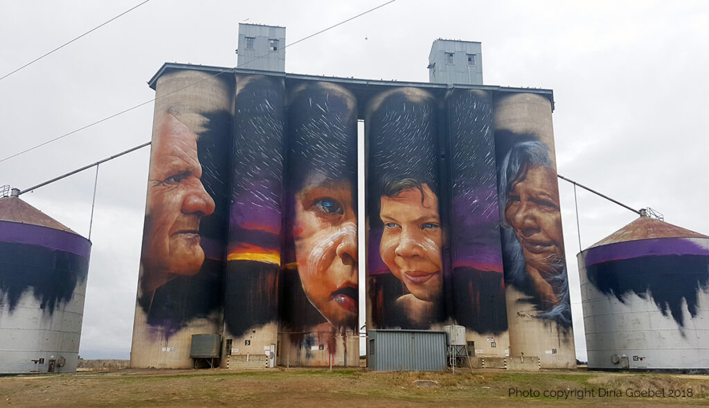 Painted silo by artist Adnate at Sheep Hill, Victoria